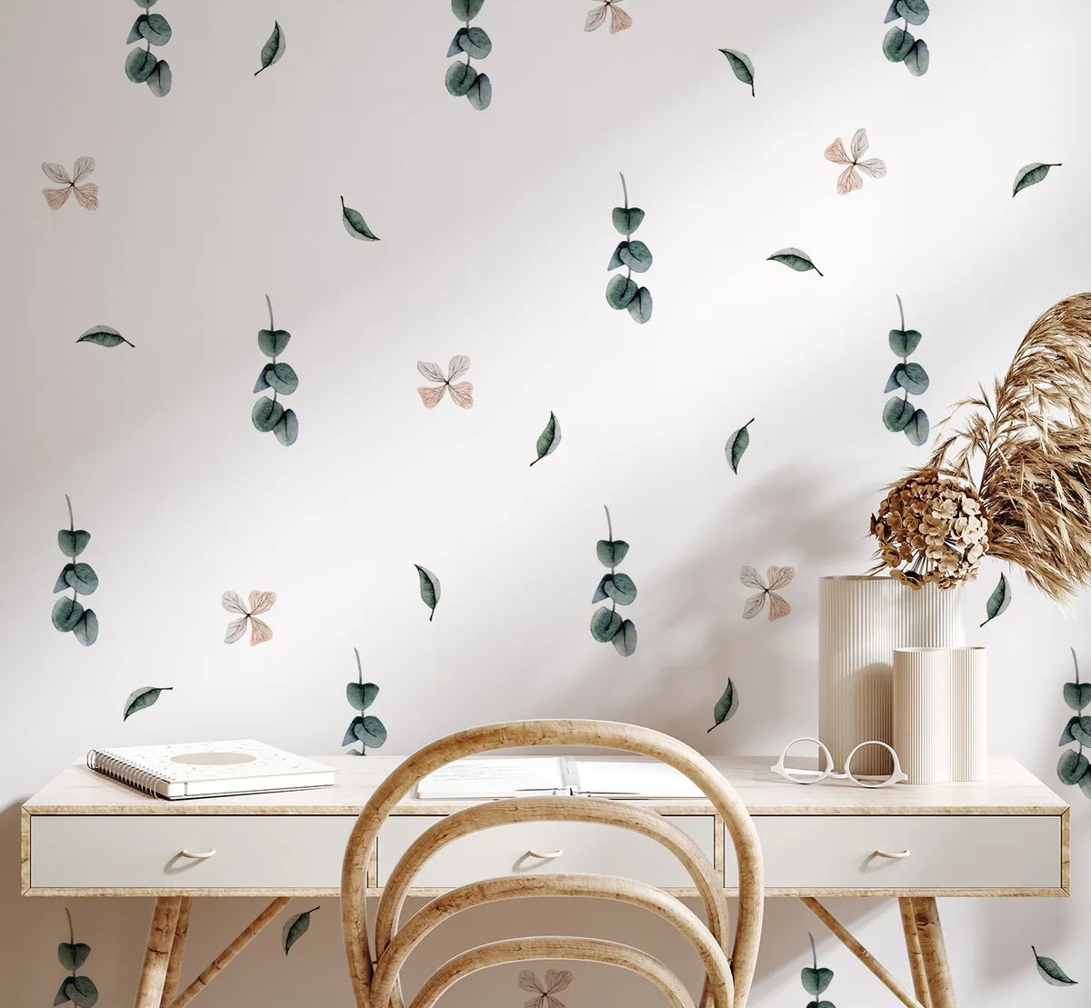 Boho Nálepky na stenu. Abstraktné listy, kvety – Kvetinové nálepky na stenu do interiéru