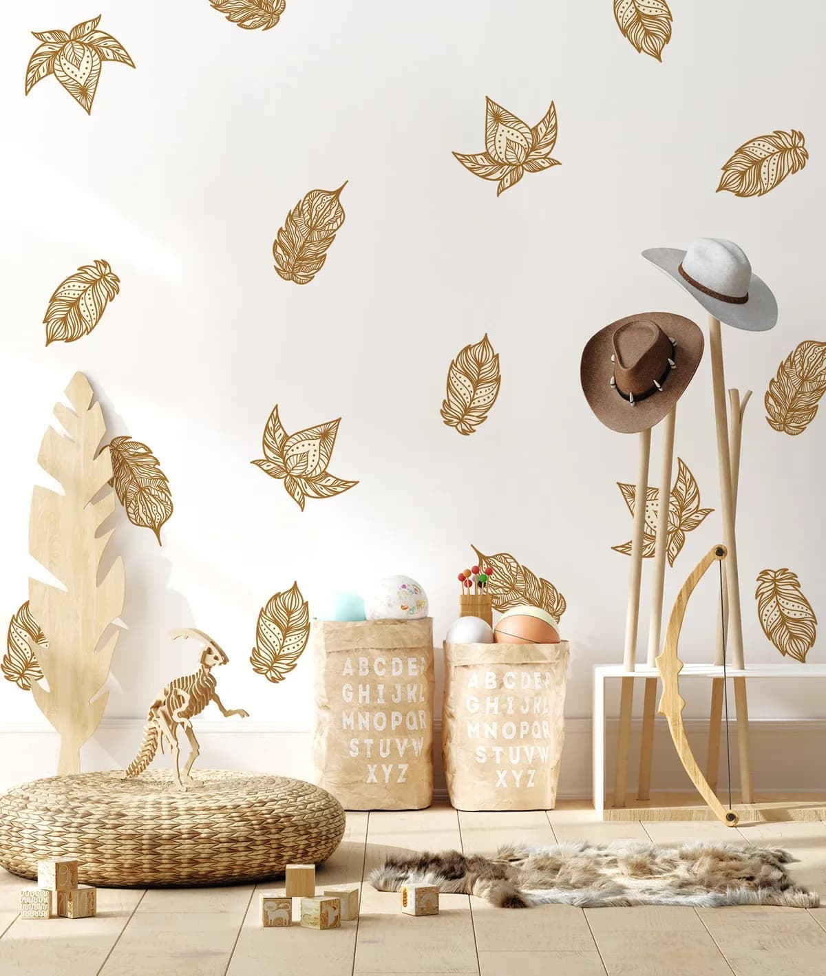 Boho Nálepky na stenu. Boho s perím (2) – Samolepiace dekorácie na stenu