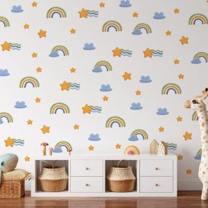 Boho nálepky na stenu. Abstraktné dúhy, mraky, hviezdy – Nálepky na stenu s hviezdami a oblohou