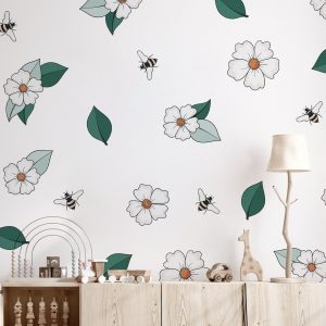 Kvetinové nálepky na stenu. Pastelové včely – Kvetinové nálepky na stenu do interiéru
