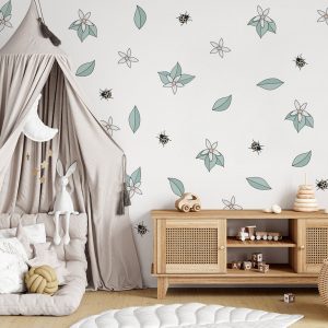 Kvetinové samolepky na stenu. Pastelové berušky – Kvetinové nálepky na stenu do interiéru