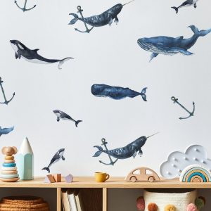 Veľryby nálepky na stenu. Kotvy Zábavné veľryby – Samolepiace dekorácie na stenu