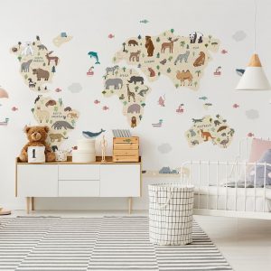 Zvieracia mapa sveta Nálepka na stenu. Dekorácie detskej izby – Hravé nálepky na stenu pre deti
