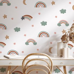 Boho nálepky na stenu. Abstraktné dúhy, mraky, hviezdy (2) – Nálepky na stenu s hviezdami a oblohou