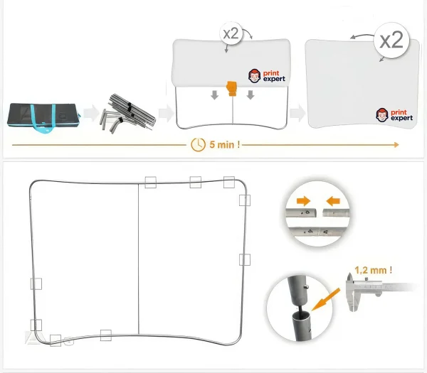 Prezentačná stena (3x4) OBLÚKOVÁ / 305 x 230 cm 2 Objednajte tlač online – rýchlo a bez starostí. Doručenie po celom Slovensku. Letáky, vizitky, bannery, billboardy a viac. - Obojstranná textilná prezentačná stena s rýchlou výmenou grafiky. Textília sa navlieka na hliníkovú konštrukciu a dole sa uzatvára „bleskovým zámkom“. V balení: konštrukcia + odolná cestovná taška.